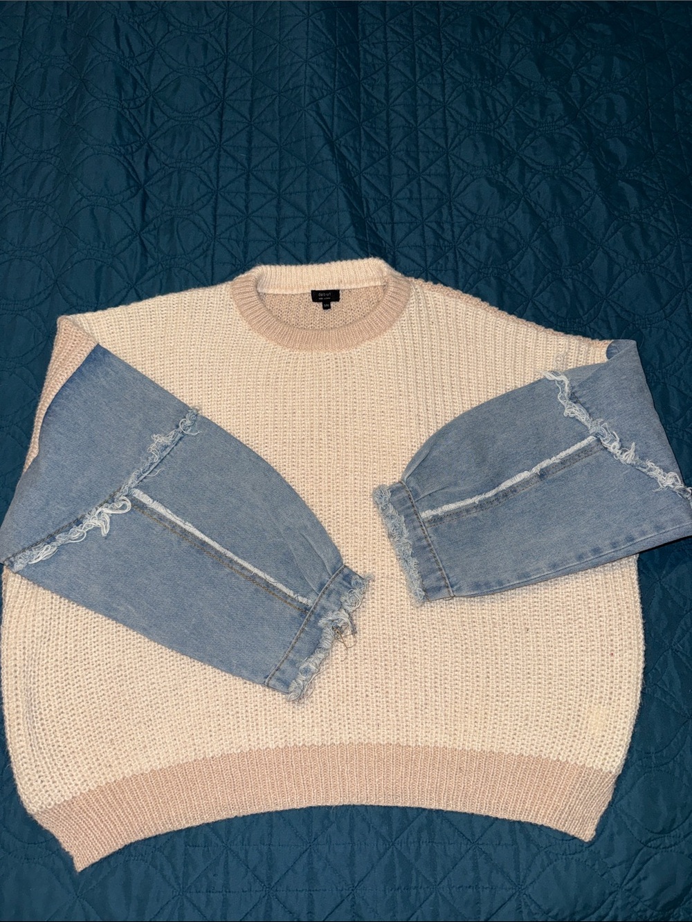 debut Cream and Tan Oversized multimedia Sweater with Denim Sleeve Panels